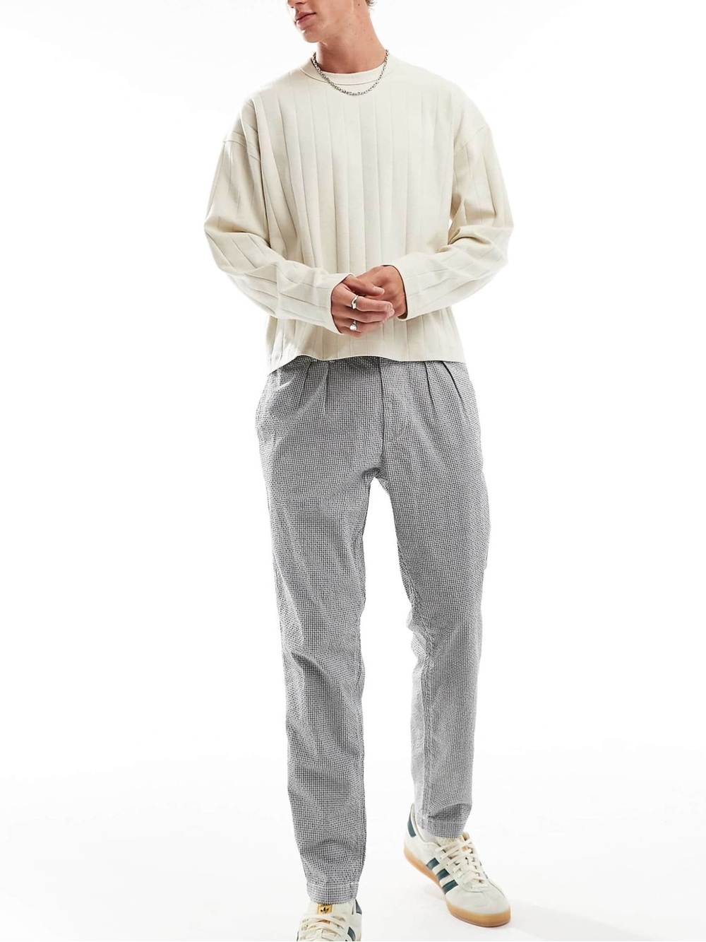 ASOS DESIGN tapered pleated trouser in black and white textured micro check
